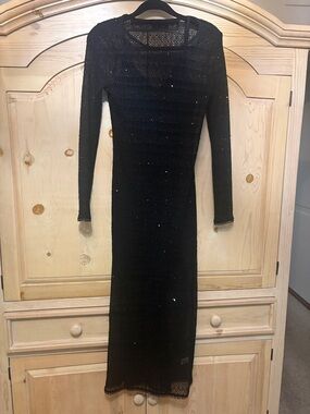 Women's Black Long Sleeve Knit Dress with Subtle Sparkle With a Mini Slip Under